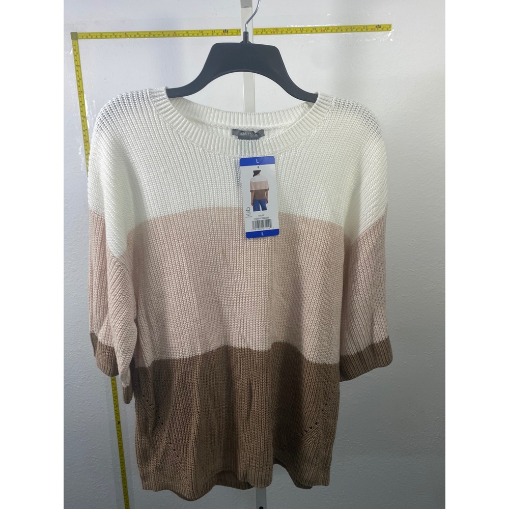 Matty M Womens Colorblock Short‎ Sleeve Sweater Taupe Cream Tan Large NWT